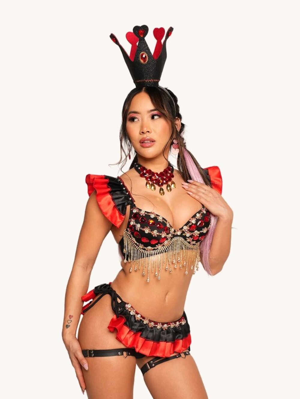 Red & Black Queen of Hearts Rhinestone Gem Bustier Bra Set Heart Crown Ruffle